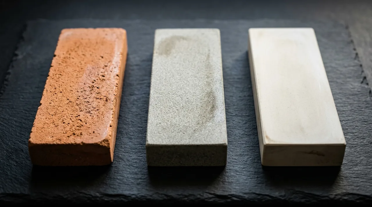 Progresión de piedras de afilar japonesas por grano sobre superficie oscura: desbaste, mantenimiento y acabado