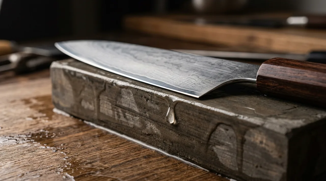 Manos sosteniendo cuchillo japonés sobre piedra de afilar mojada, mostrando el ángulo correcto de 15 grados