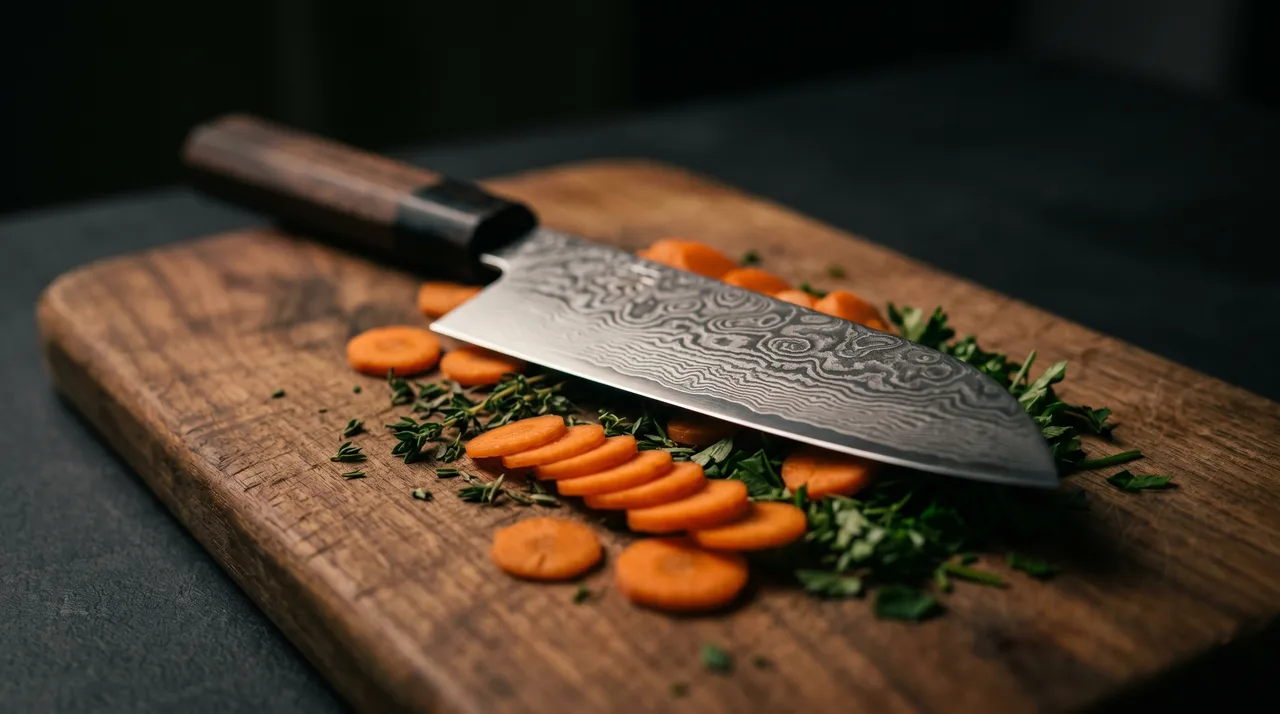 Cuchillo Santoku japonés con patrón damasco sobre tabla de corte con verduras