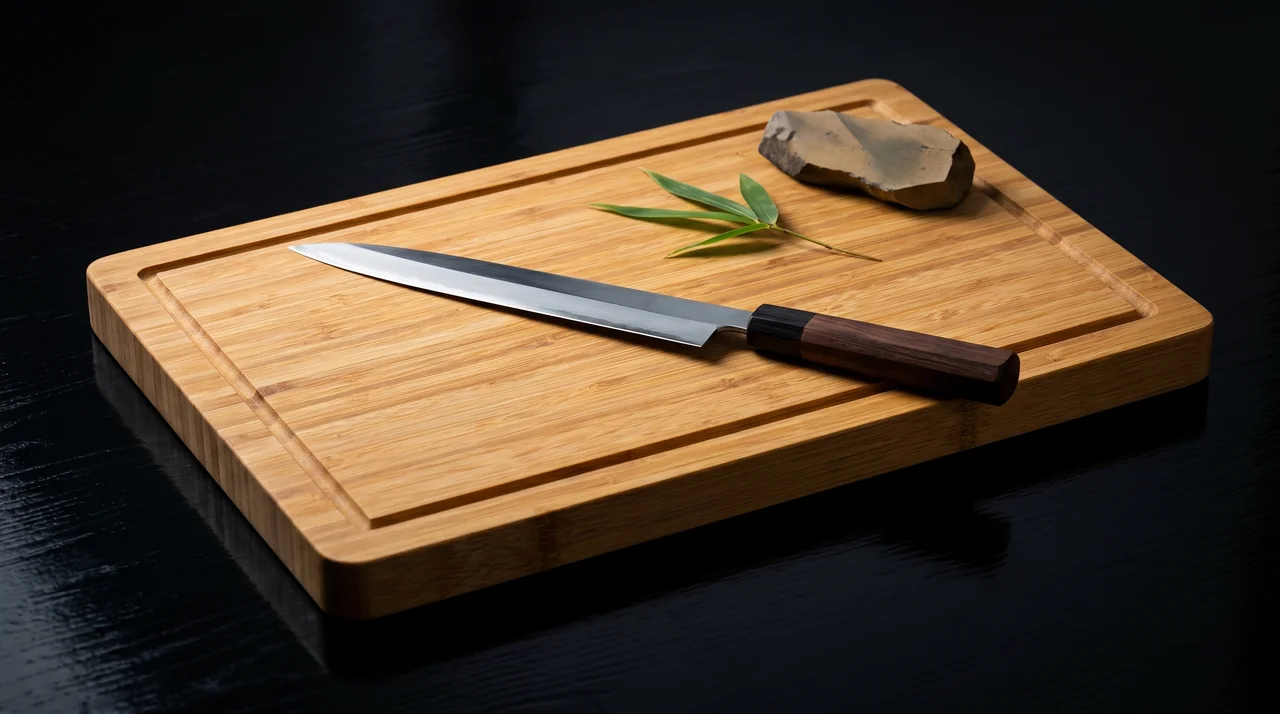 Tabla de corte Blumtal bambú sobre madera lacada negra con hoja de bambú y piedra de afilar y cuchillo yanagiba
