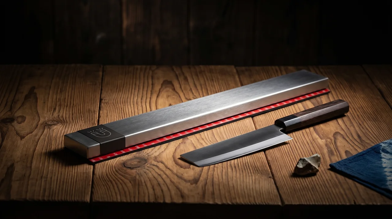 Barra magnética Coninx inox sobre tablón de hinoki con cuchillo nakiri y furoshiki índigo