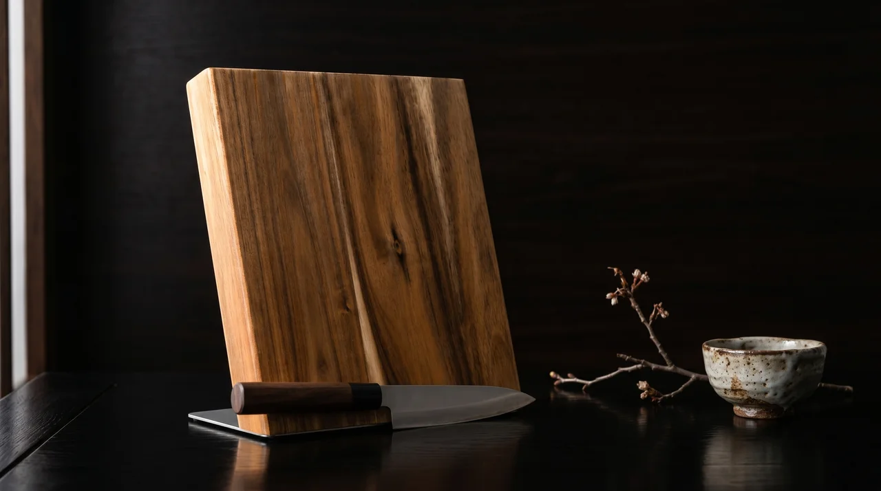 Bloque magnético Coninx acacia sobre madera lacada negra con cuchillo petty y rama de cerezo