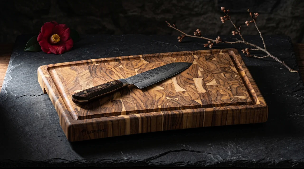 Tabla de corte Erreke teca end grain sobre pizarra oscura con flor de tsubaki y cuchillo santoku