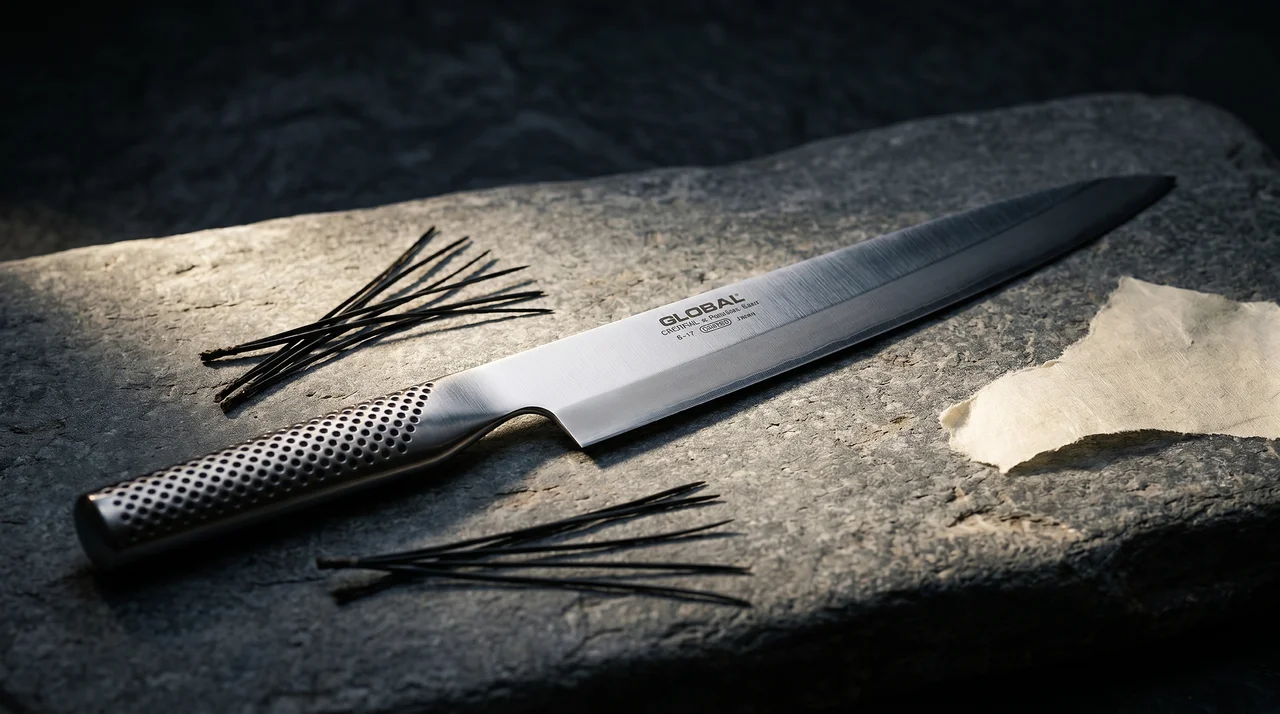 Cuchillo Global G-11 Yanagi 270mm sobre losa de piedra de río con agujas de pino negro y fragmento de washi