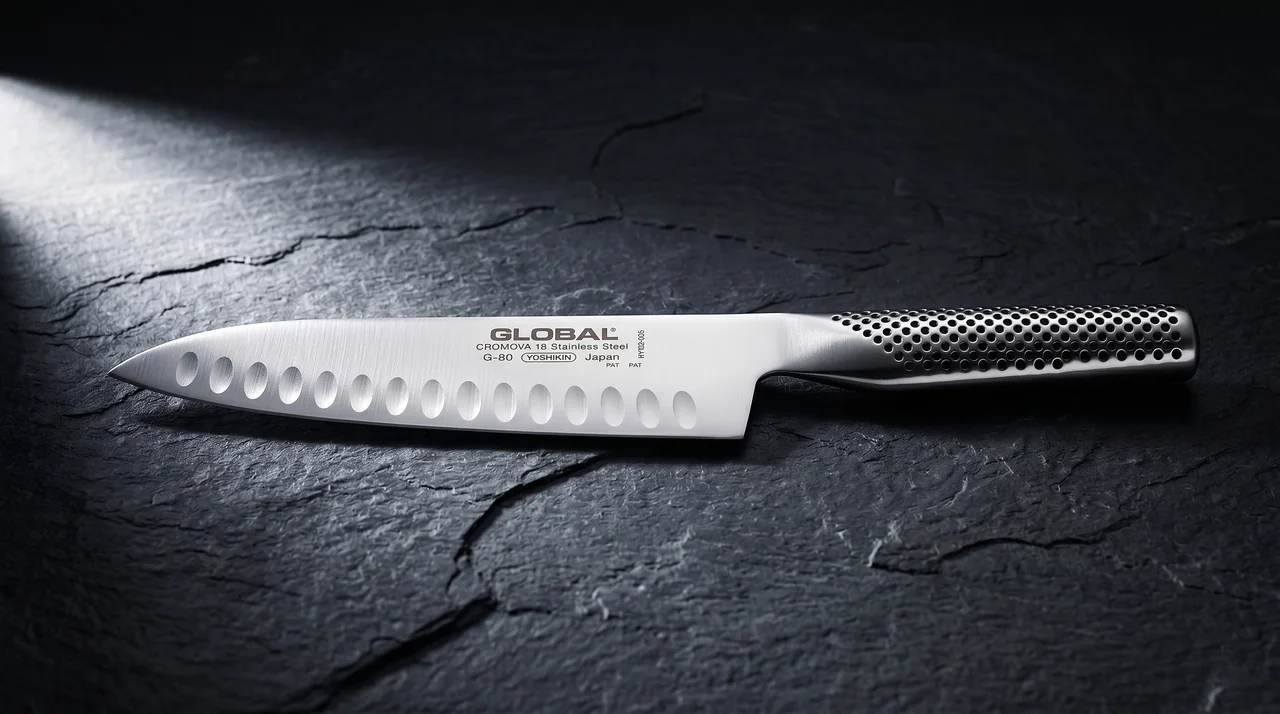 Global Santoku G-80 sobre encimera de pizarra oscura, mango de acero inoxidable visible