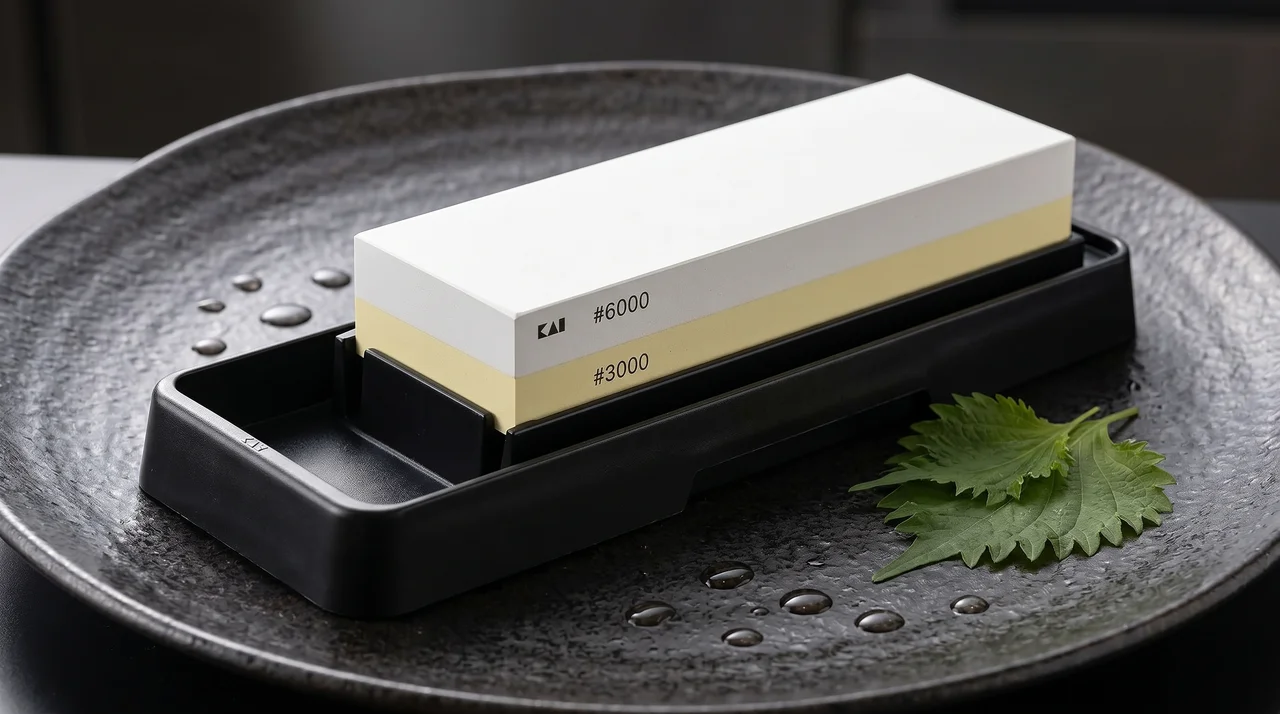 KAI piedra de afilar combinada 3000/6000 doble cara sobre superficie de madera oscura con gotas de agua