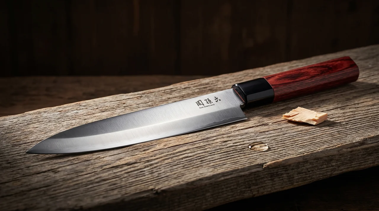 Cuchillo KAI Seki Magoroku Redwood Yanagiba 240mm sobre tablón de hinoki envejecido con esquirla de madera y gota de aceite de camelia