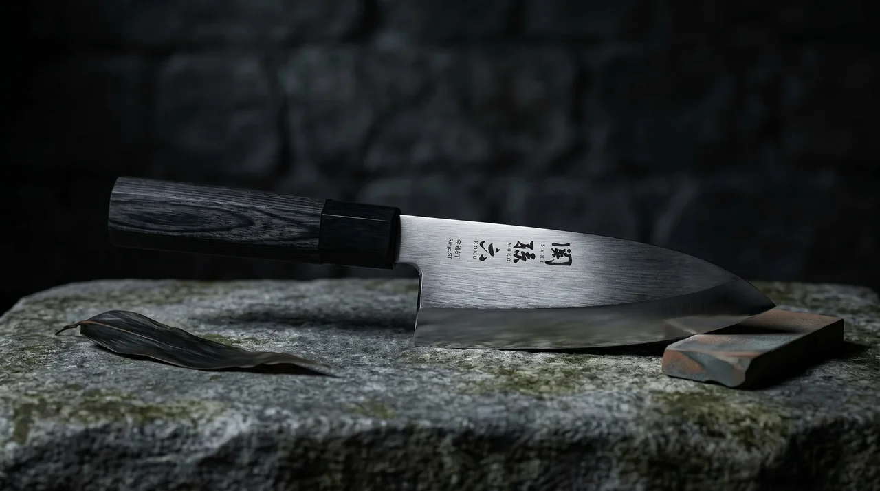 Cuchillo KAI Seki Magoroku Deba 150mm sobre piedra de río con hoja de bambú y fragmento de piedra de afilar
