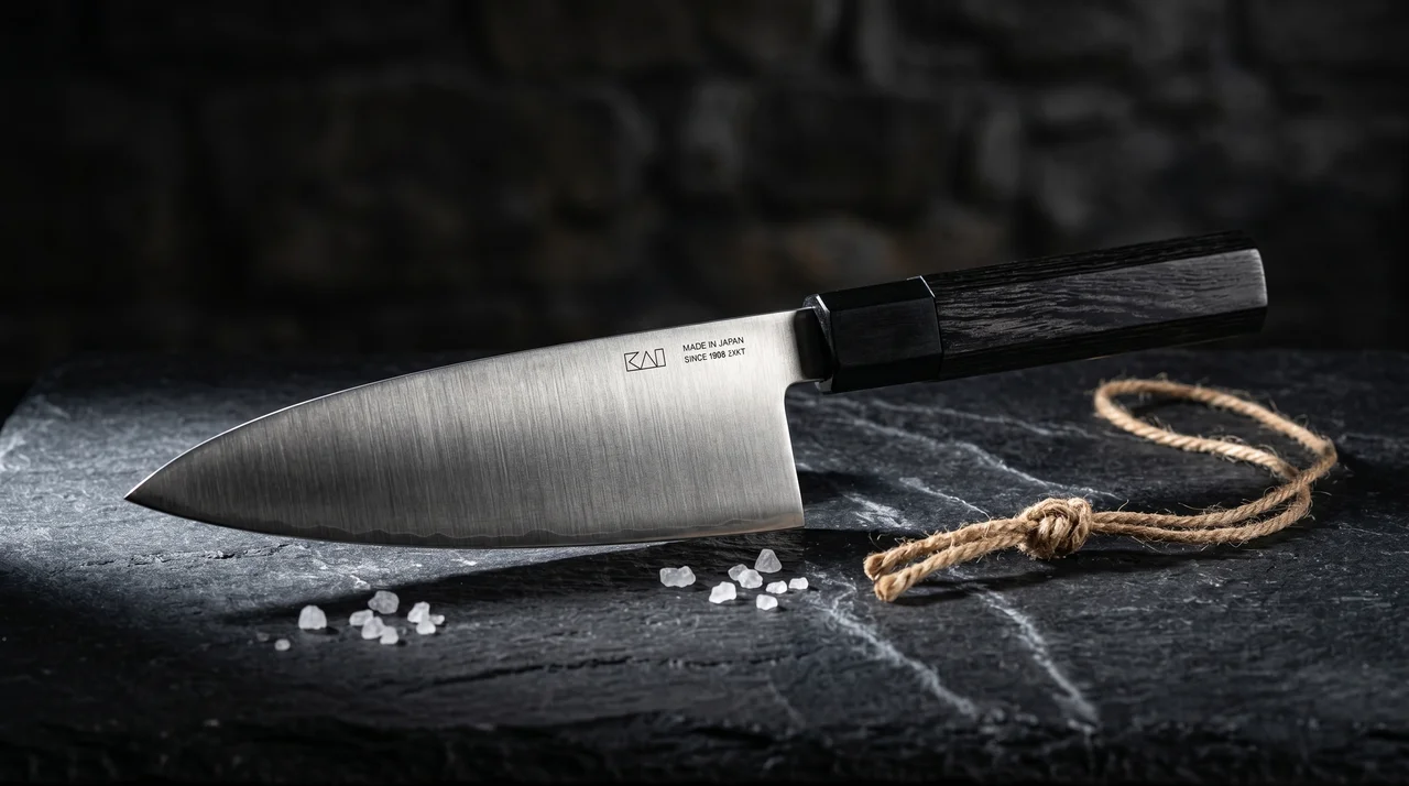 Cuchillo KAI Seki Magoroku Deba 180mm sobre washi oscuro con cristales de sal y cuerda de yute