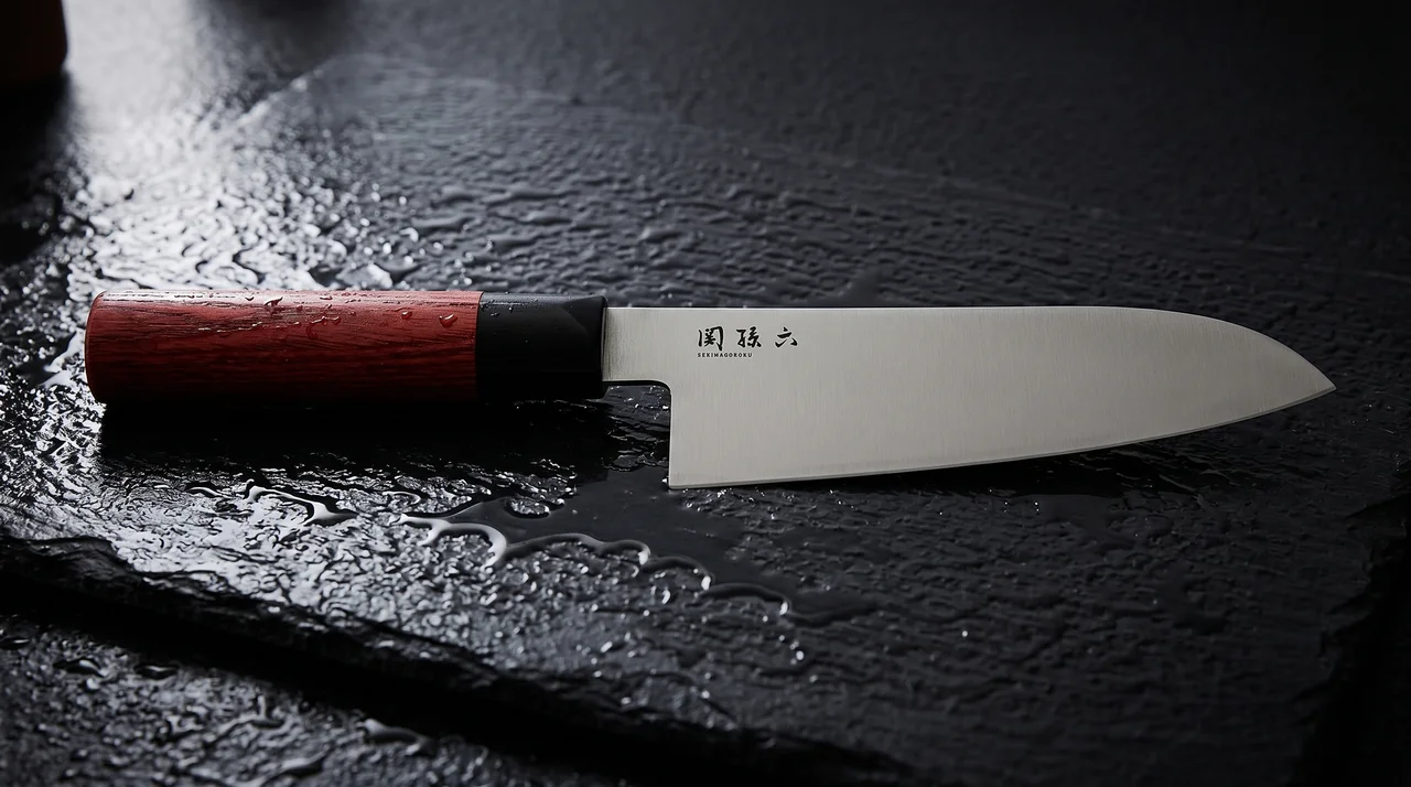 KAI Seki Magoroku Redwood Santoku 170 mm sobre superficie de pizarra oscura