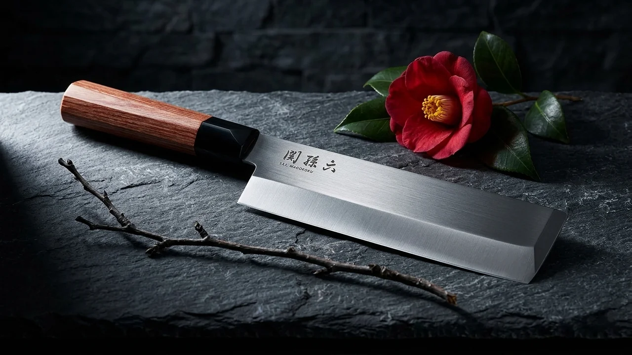 Cuchillo KAI Seki Magoroku Usuba 170mm sobre pizarra oscura con flor de tsubaki y rama seca