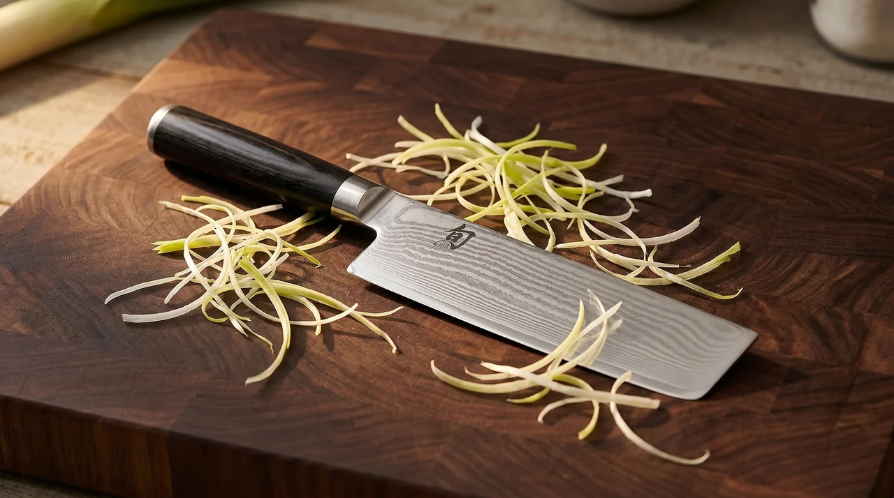 KAI Shun Classic Nakiri 16,5 cm sobre tabla de madera oscura con zanahorias en juliana