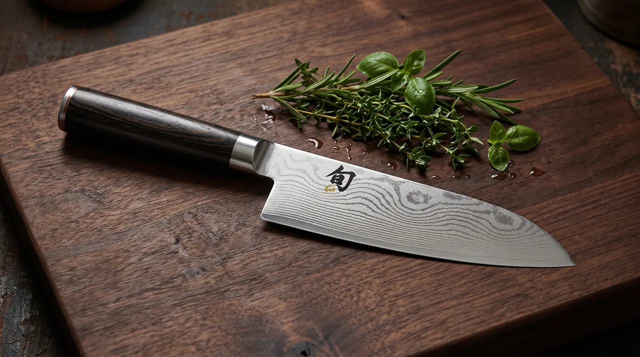 KAI Shun Classic Santoku 14 cm sobre tabla de madera oscura, patrón damasco visible