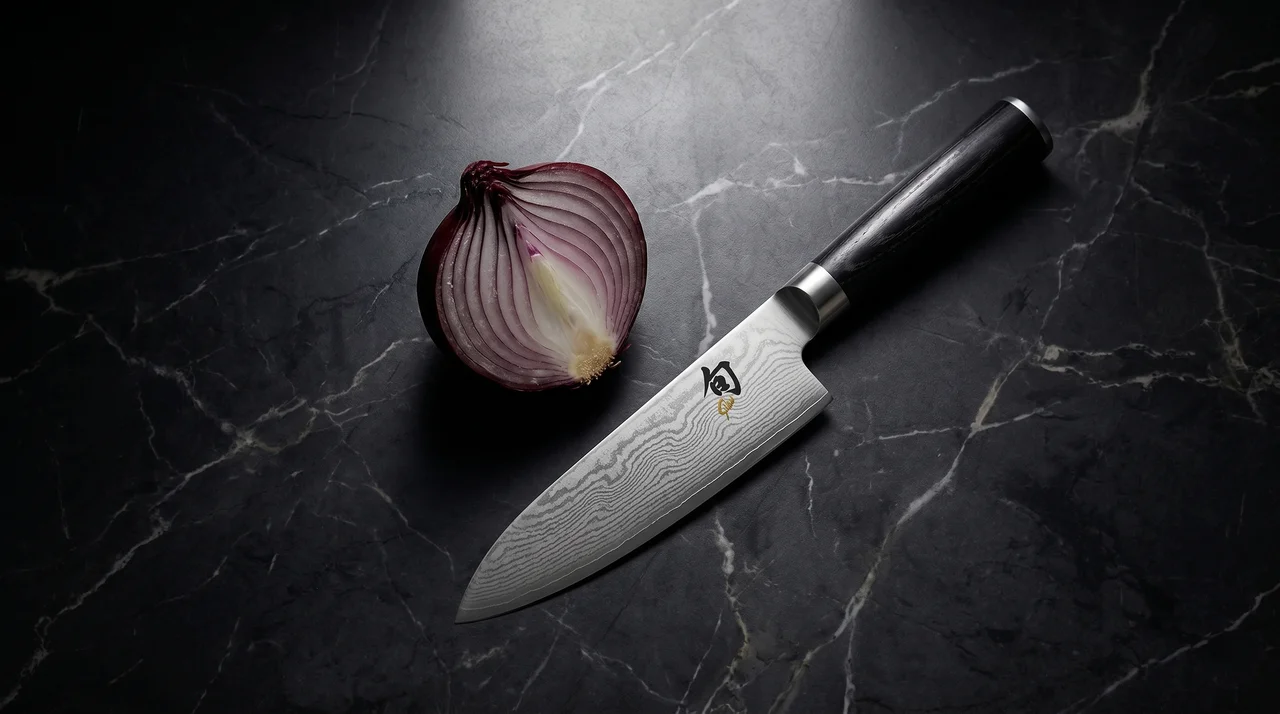 KAI Shun Classic Santoku 18 cm sobre superficie de madera oscura con gotas de agua, patrón damasco visible