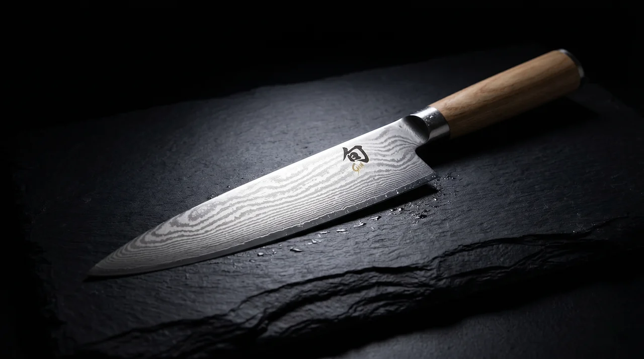 KAI Shun Classic White Gyuto 20 cm con patrón damasco sobre pizarra oscura