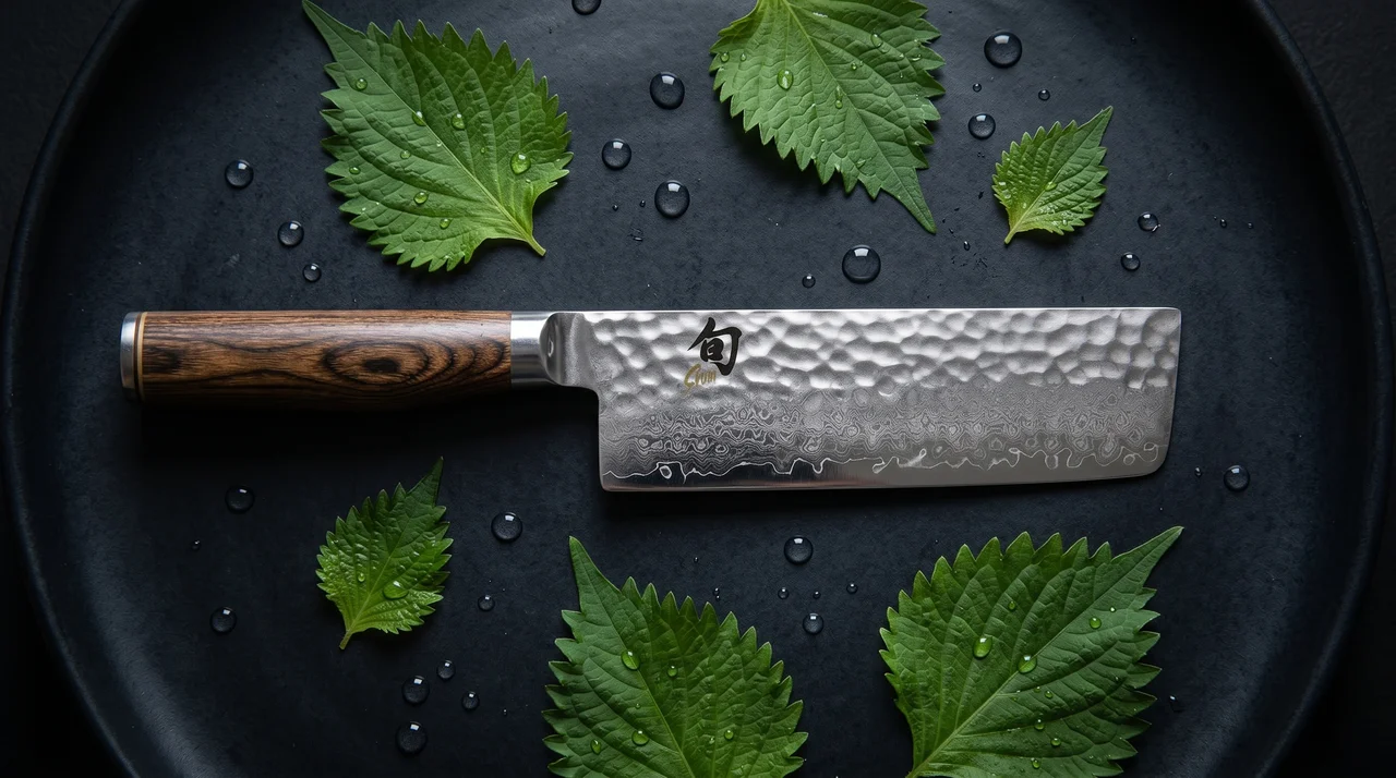 KAI Shun Premier Nakiri 14 cm sobre pizarra oscura con gotas de agua, acabado tsuchime visible