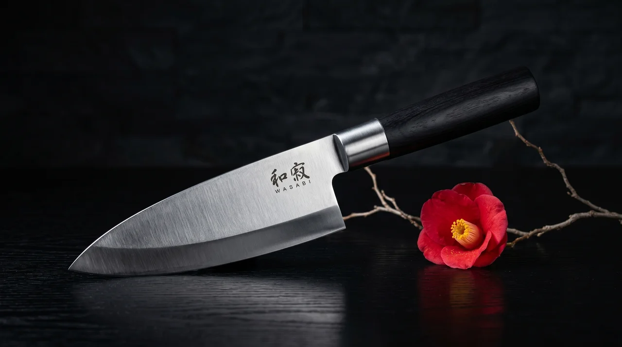 Cuchillo KAI Wasabi Black Deba 105mm sobre pizarra oscura con flor de tsubaki y rama seca