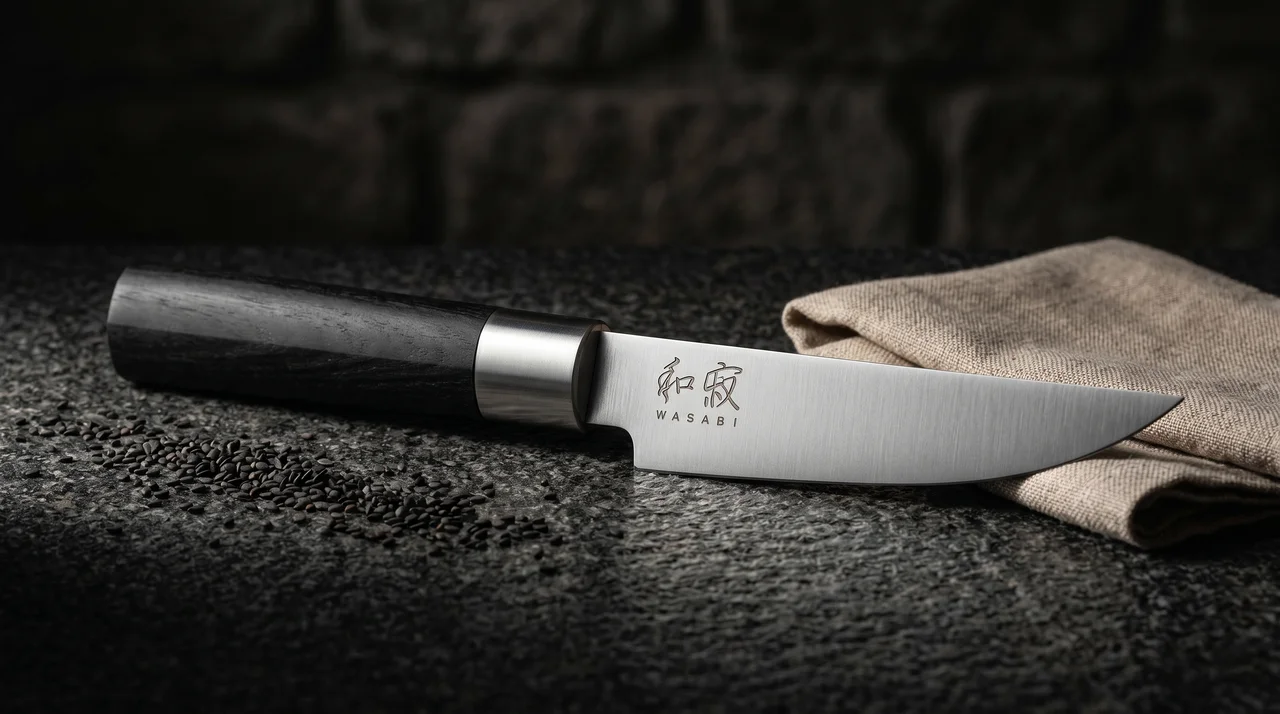 Cuchillo KAI Wasabi Black Deba 210mm sobre granito oscuro con semillas de sésamo y paño de lino
