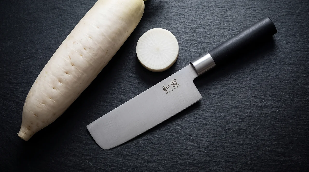 KAI Wasabi Black Nakiri 16,5 cm sobre pizarra oscura con rodajas de daikon