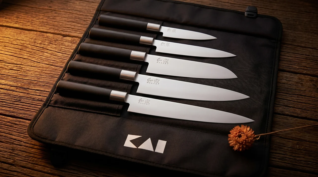 KAI Wasabi Black set de 5 cuchillos con funda de transporte KAI desplegada sobre superficie oscura