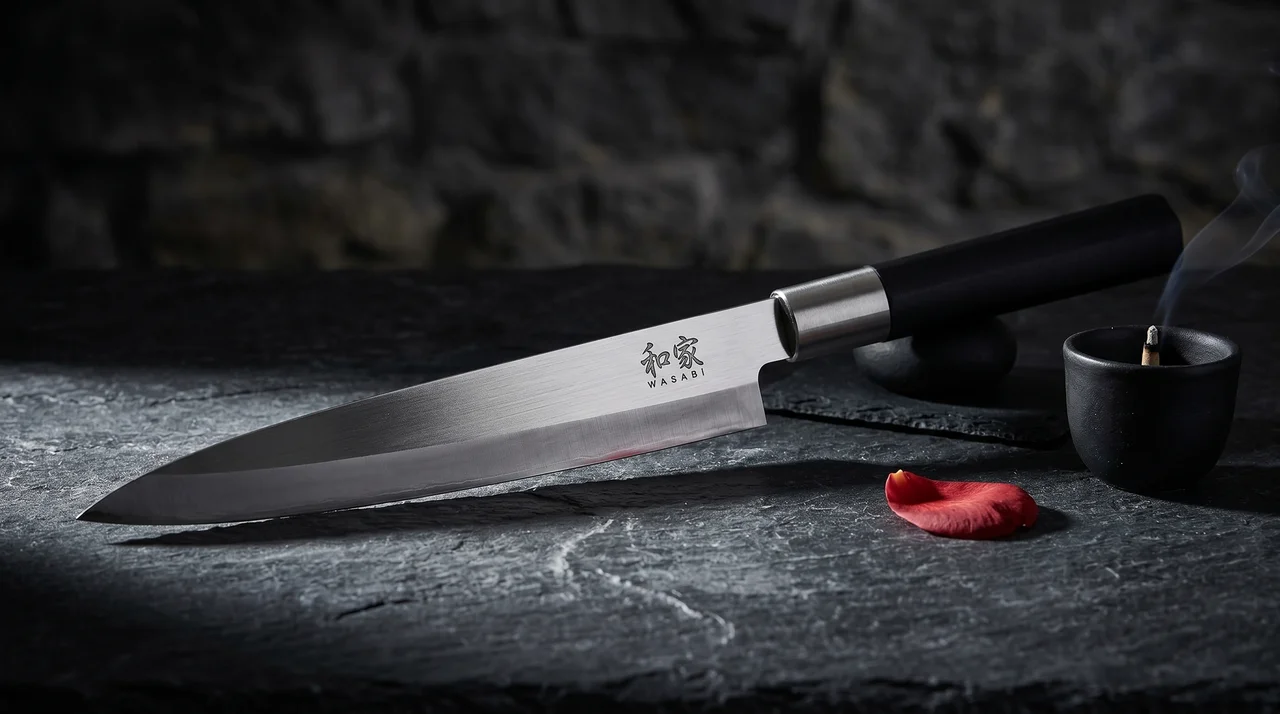 Cuchillo KAI Wasabi Black Yanagiba 210mm sobre pizarra oscura con incensario cerámico y pétalo de tsubaki seco
