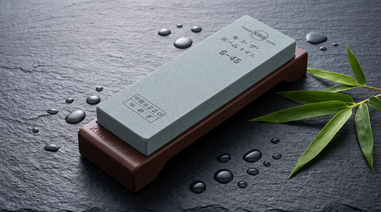 King G-45 piedra de afilar grano 220 sobre superficie de pizarra oscura con salpicaduras de agua