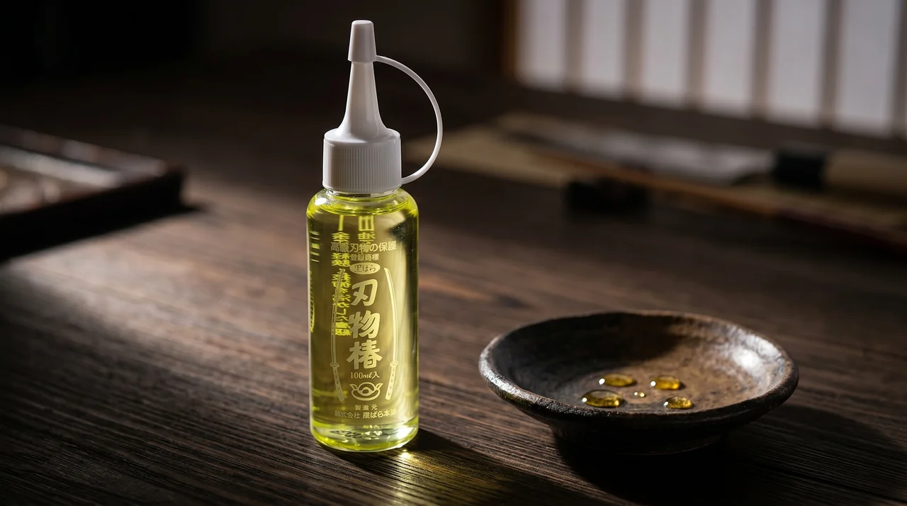 Frasco de aceite Korin Tsubaki sobre superficie de madera de hinoki oscura con cuenco cerámico japonés