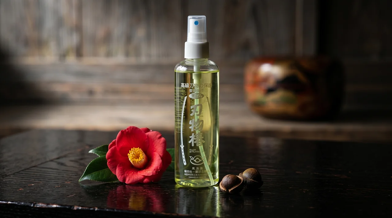 Frasco de aceite Kurobara Tsubaki sobre superficie de madera lacada oscura con flor de camelia roja