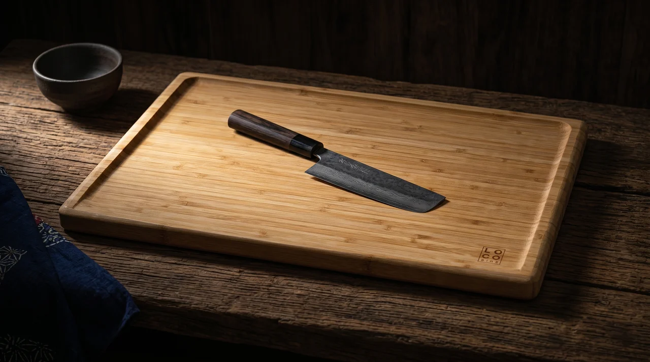 Tabla de corte Loco Bird bambú sobre tablón de hinoki con cuenco wabi y furoshiki índigo y cuchillo nakiri