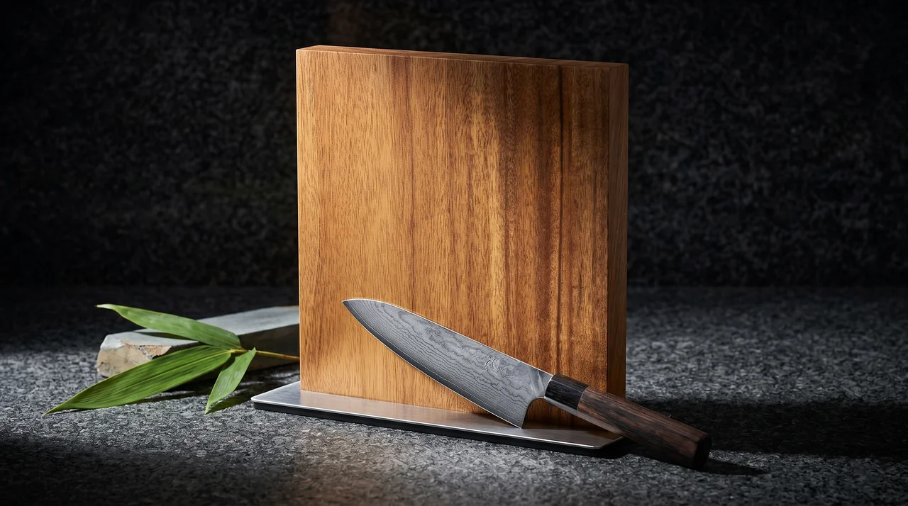 Bloque magnético Mahona acacia sobre granito oscuro con cuchillo gyuto y hoja de bambú