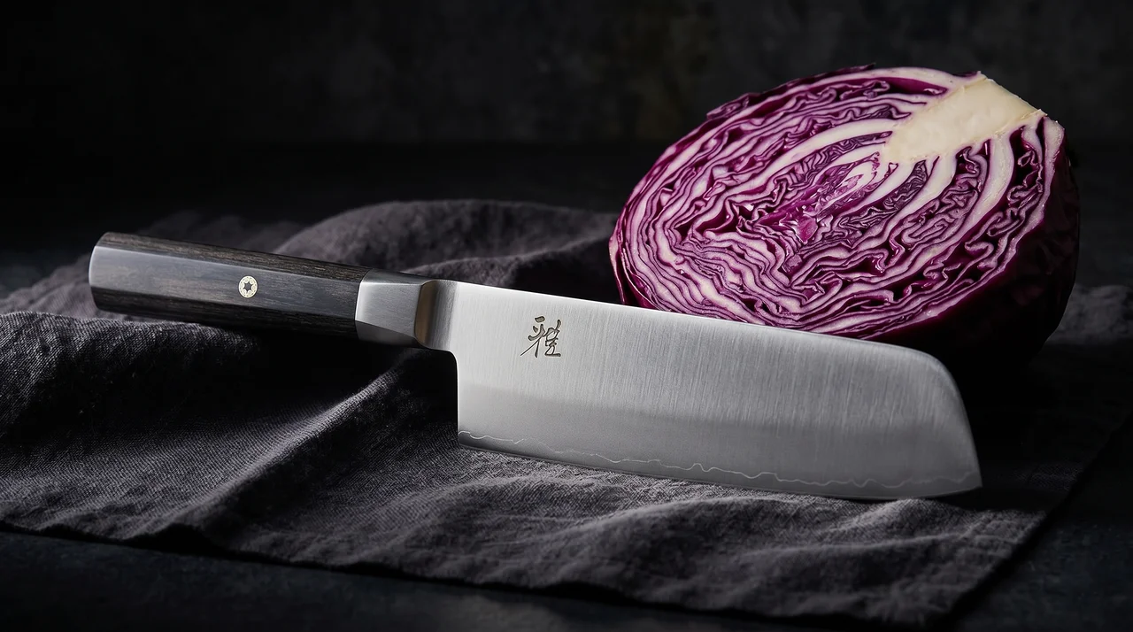 Miyabi 4000FC Nakiri 170 mm sobre mármol oscuro con col lombarda partida al lado