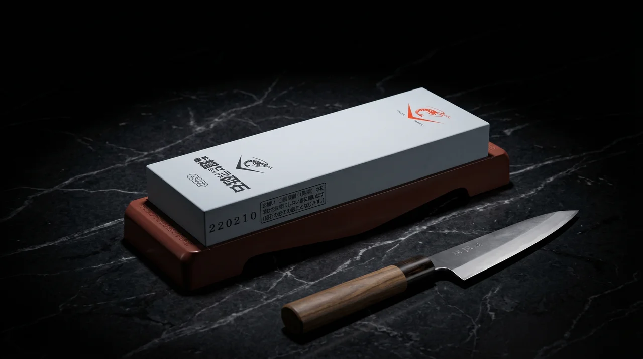 Naniwa Chosera 5000 piedra de afilar con base incluida sobre superficie oscura mojada