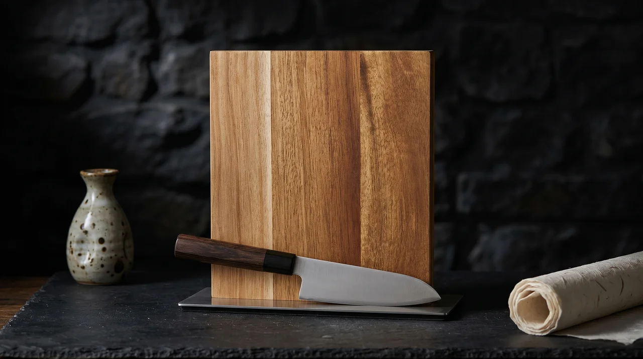 Bloque magnético Praknu acacia sobre pizarra oscura con cuchillo santoku y props japoneses