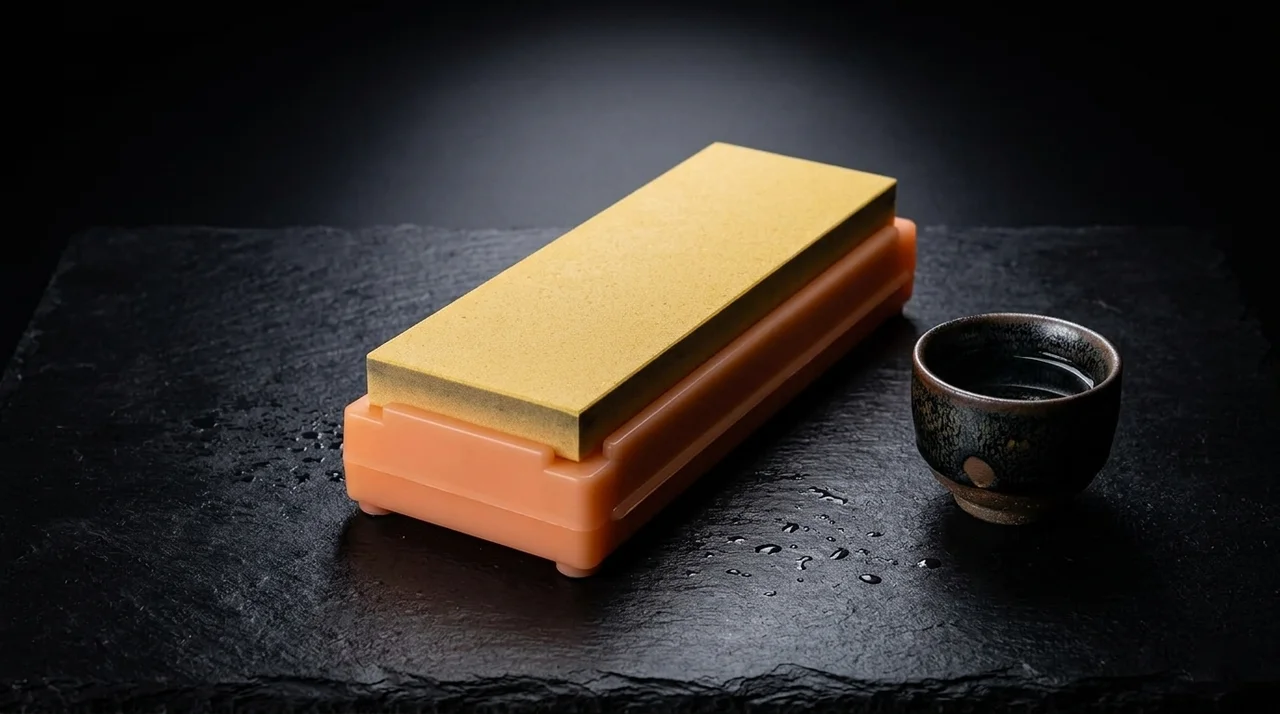 Shapton Kuromaku 1000 piedra de afilar negra sobre superficie húmeda con salpicaduras de agua