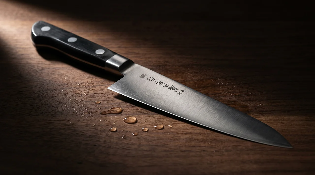 Tojiro DP Gyuto 18 cm sobre superficie de madera oscura con gotas de agua