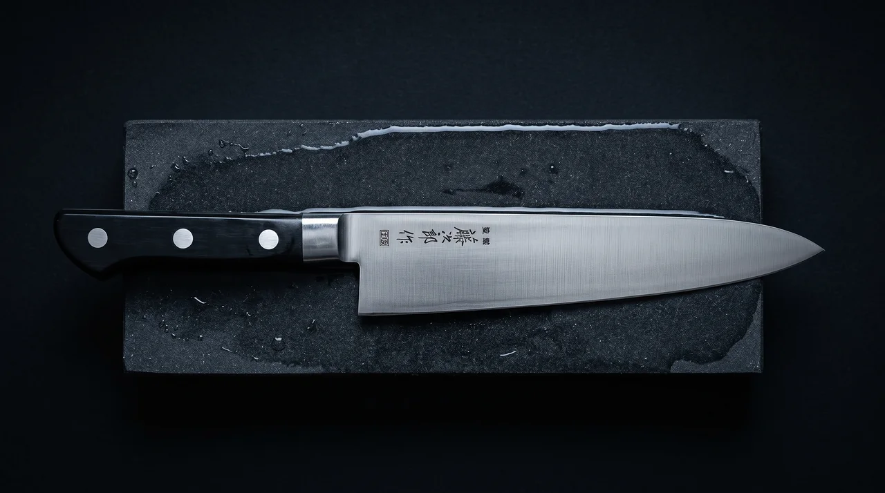 Tojiro DP Gyuto 21 cm sobre piedra de afilar vista cenital