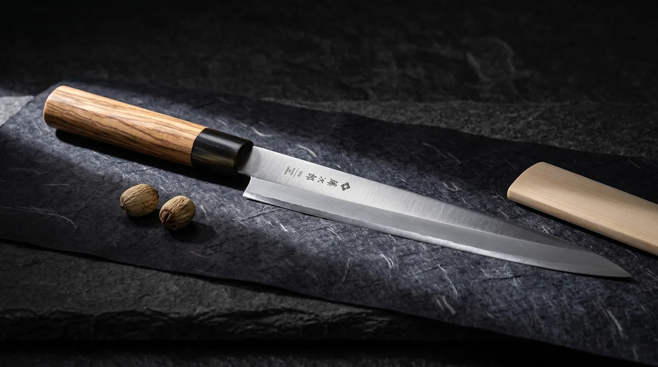 Cuchillo Tojiro F-1059 Yanagiba 300mm sobre papel washi oscuro con semillas de loto y fragmento de saya de hinoki