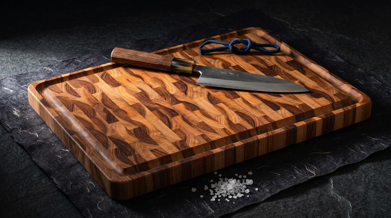 Tabla de corte Tramontina teca sobre papel washi oscuro con cristales de sal y cordón índigo y cuchillo deba