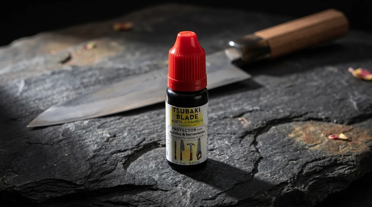 Frasco de aceite Tsubaki Blade sobre superficie de piedra oscura con cuchillo japonés de mango wa en el fondo
