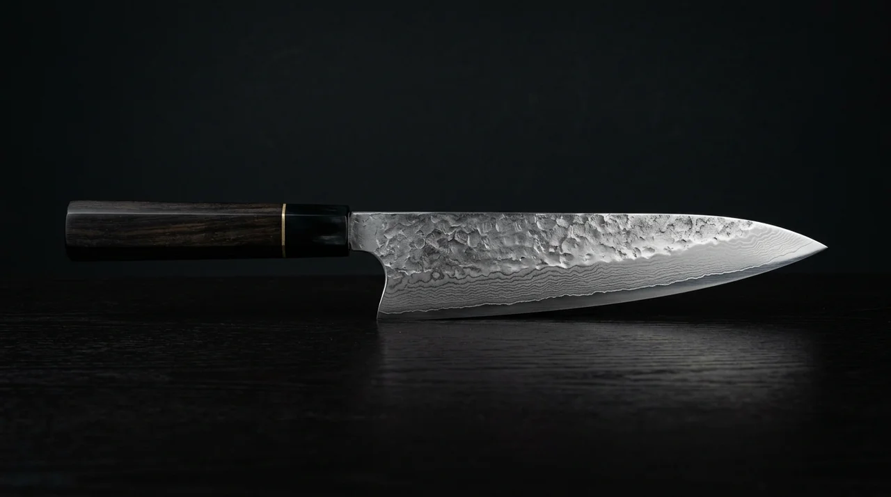 Vista lateral de un cuchillo Gyuto japonés mostrando el belly de la hoja y la punta pronunciada sobre fondo oscuro