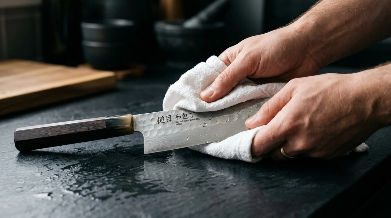 Cuchillo Gyuto japonés siendo secado con paño de algodón blanco sobre encimera oscura
