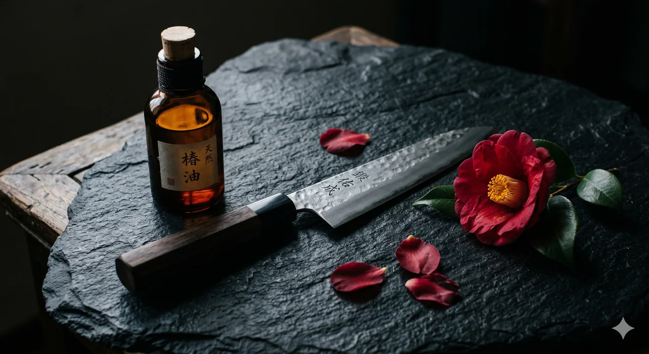 Frasco de aceite de camelia tsubaki junto a un cuchillo japonés de acero al carbono sobre superficie de madera oscura