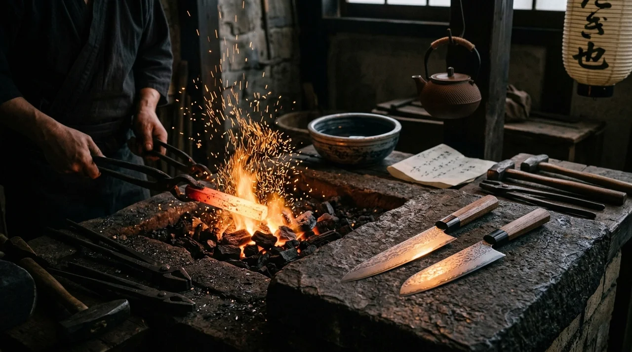Fragua japonesa con acero al rojo vivo y cuchillos con patrón Damascus sobre superficie de piedra oscura