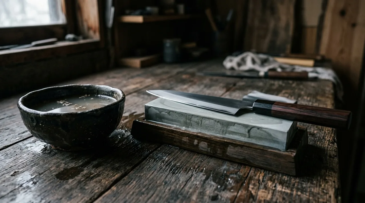 Cuchillo japonés sobre piedra de afilar mojada con cuenco de agua al lado sobre mesa de madera