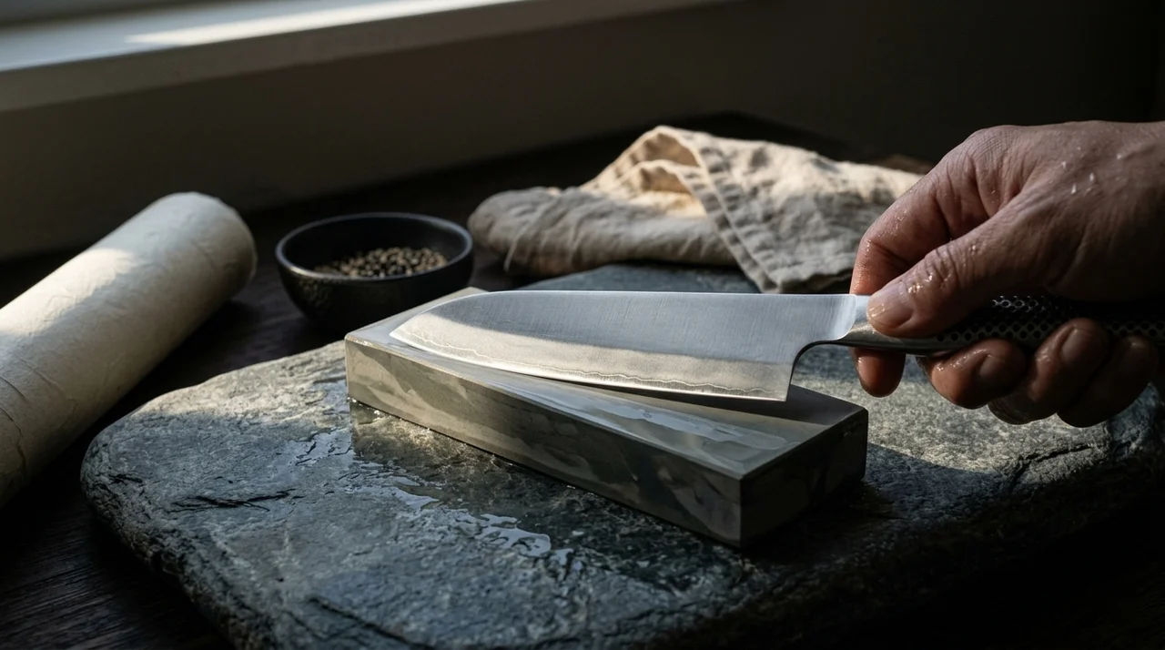 Cuchillo japonés apoyado en ángulo bajo sobre piedra de afilar rectangular, filo en contacto con la piedra, luz lateral que revela el filo