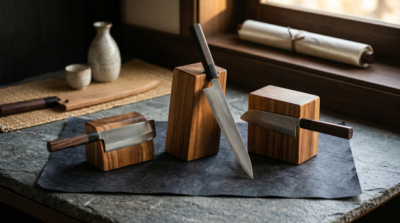 Tres bloques magnéticos de madera con cuchillos japoneses encajados sobre washi y piedra oscura