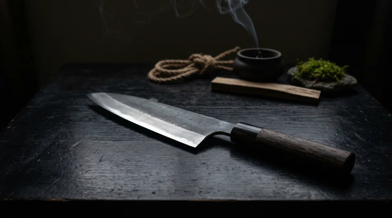 Cuchillo Deba japonés de hoja gruesa y mango wa sobre piedra oscura con tetsubin, furoshiki índigo y rama de cerezo seco