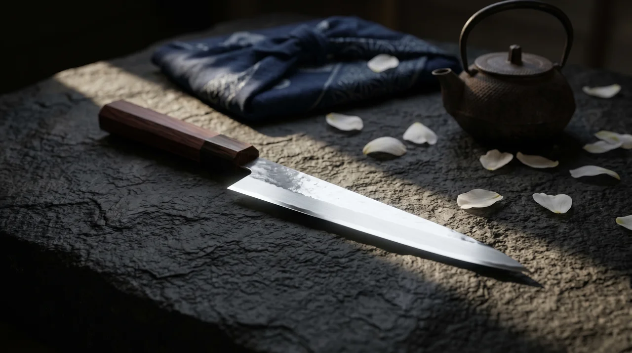 Cuchillo Petty japonés de hoja espejo y mango wa de palisandro sobre piedra oscura con furoshiki índigo y tetsubin japonés