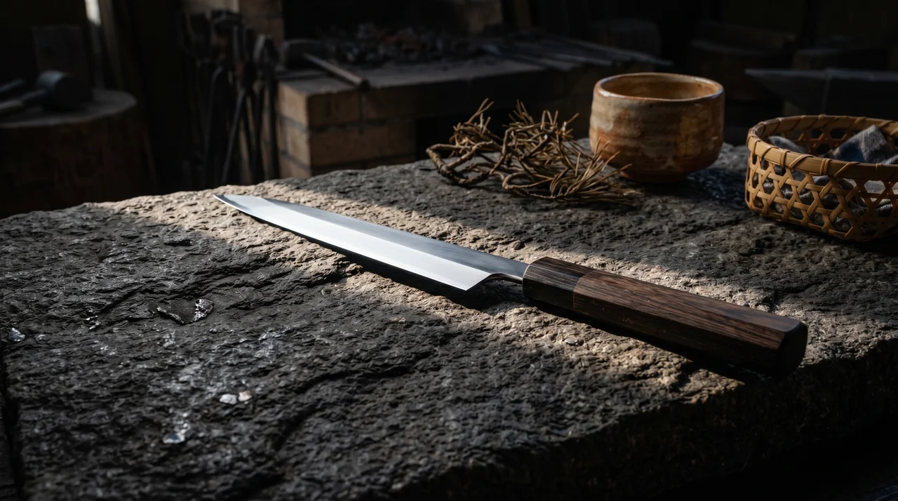 Cuchillo Yanagiba japonés de hoja larga y estrecha sobre granito oscuro con taza de matcha, rama de pino seco y cesta de bambú trenzado