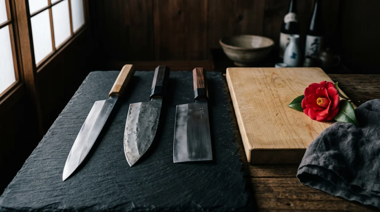 Yanagiba, Deba y Usuba japoneses junto a tabla de hinoki y flor tsubaki sobre pizarra oscura
